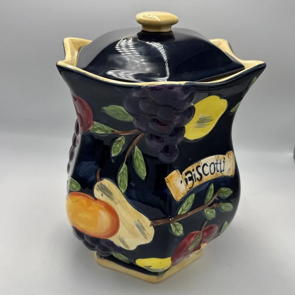 Hand Painted for Nonni's Biscotti Cookie Jar, Raised Fruit, Ceramic Canister
